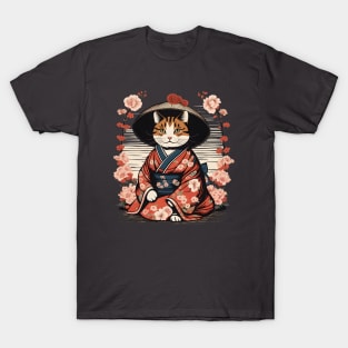 Japanese woodblock cat wearing kimono T-Shirt